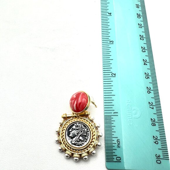 Womens Earrings Pierced Roman Coin Faux Pearl Pink Gold Tone Chandelier - Picture 4 of 4